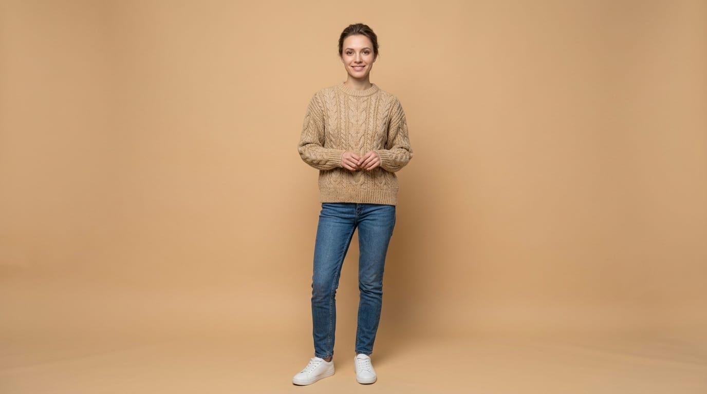 Knit sweater worn by a virtual model