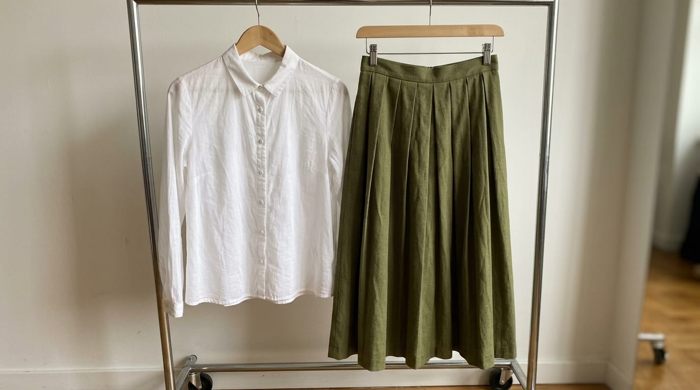 Blouse and skirt photographed at home